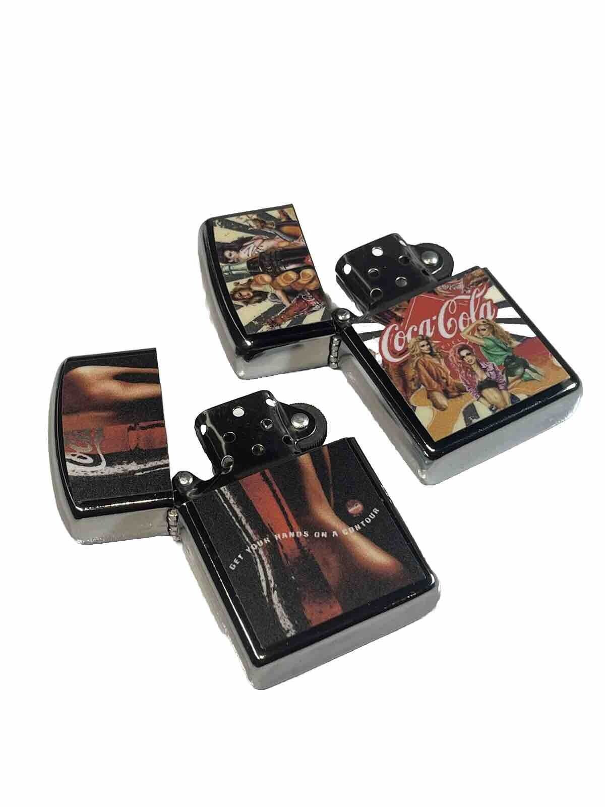 2 PCs Windproof Oil Lighters Coca Cola Collect All Designs Lot In Store Coke Gif