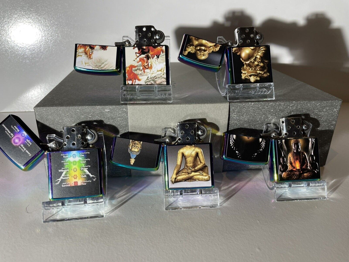 5 Nos Lucky Buddha Windproof Oil Lighters Zippo Fluid Meditation Chinese Horses