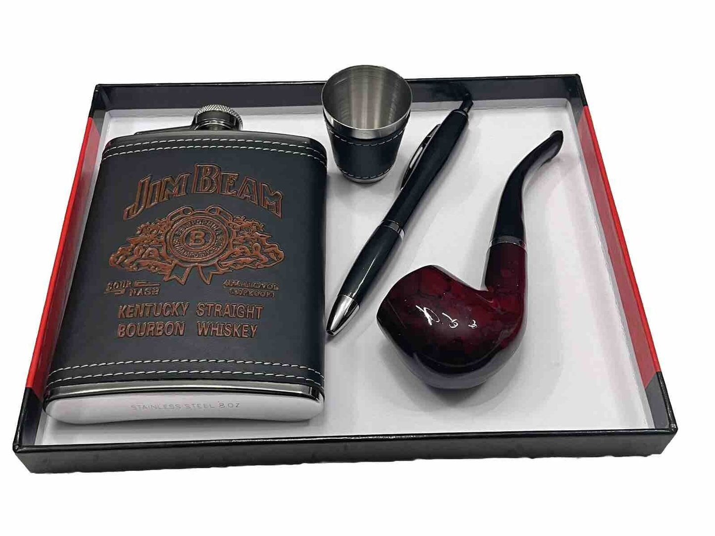 Jim Beam Bourbon Whiskey Flask Pipe Shot Glass Pen Classical Gift Set Collectibl