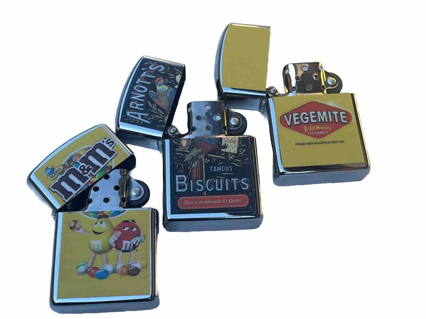 3 PCs Windproof Oil Lighter Novelty Designs Arnotts Biscuits Vegemite M&m”s Coco