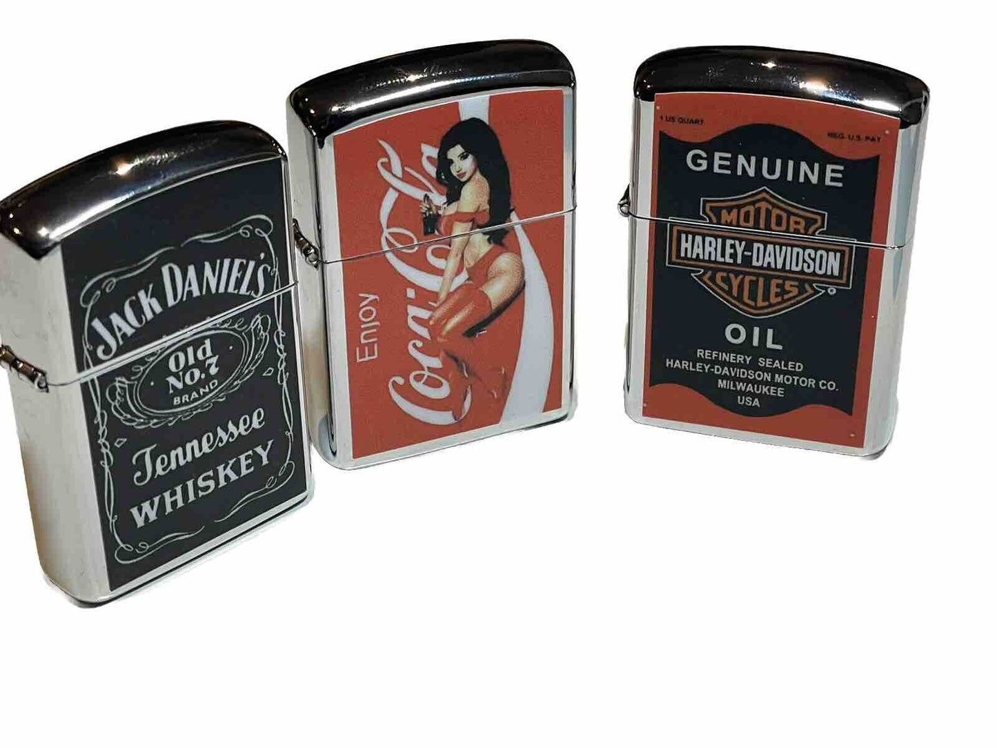 3 PCs Windproof Oil Lighters Vintage Style Jack Daniels &Coke Harley Davidson