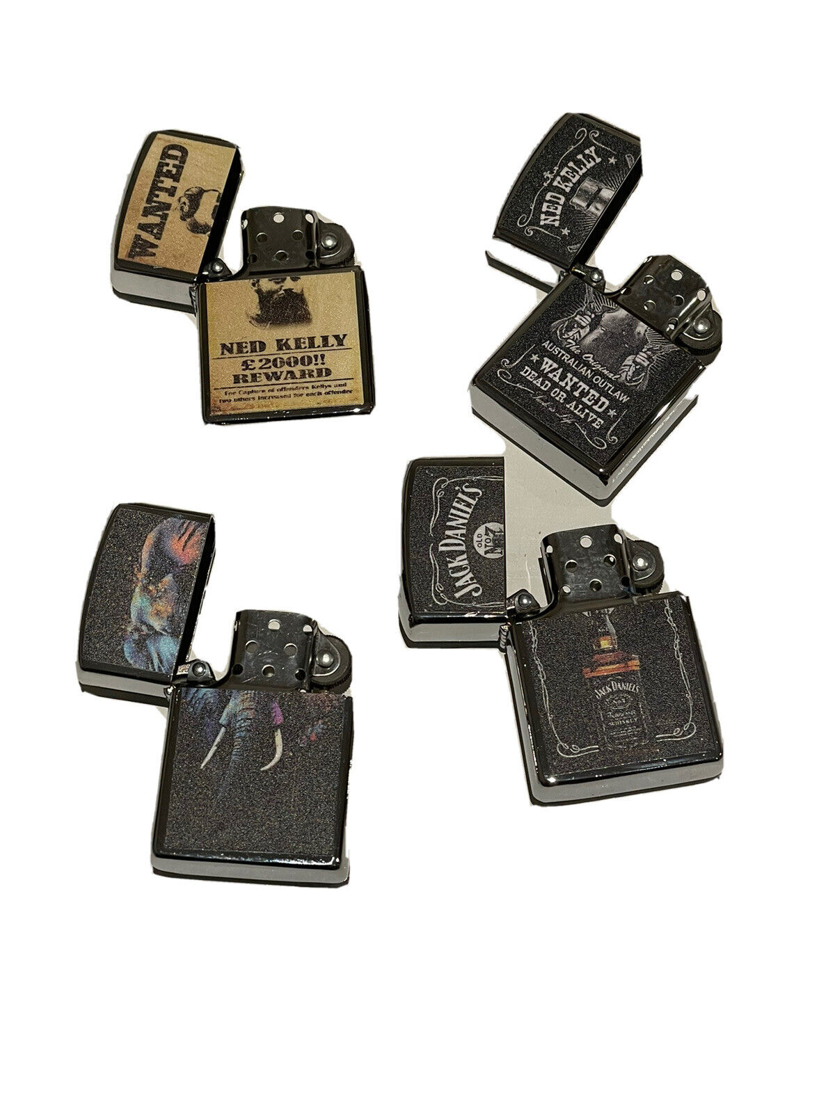 4 PCs windproof Oil Lighters Unbranded Ned Kelly jack Daniels elephant designs
