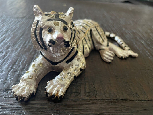 White Tiger Jewelry Trinket Box Collectible Crystals Jeweled Hinged Enameled Gif