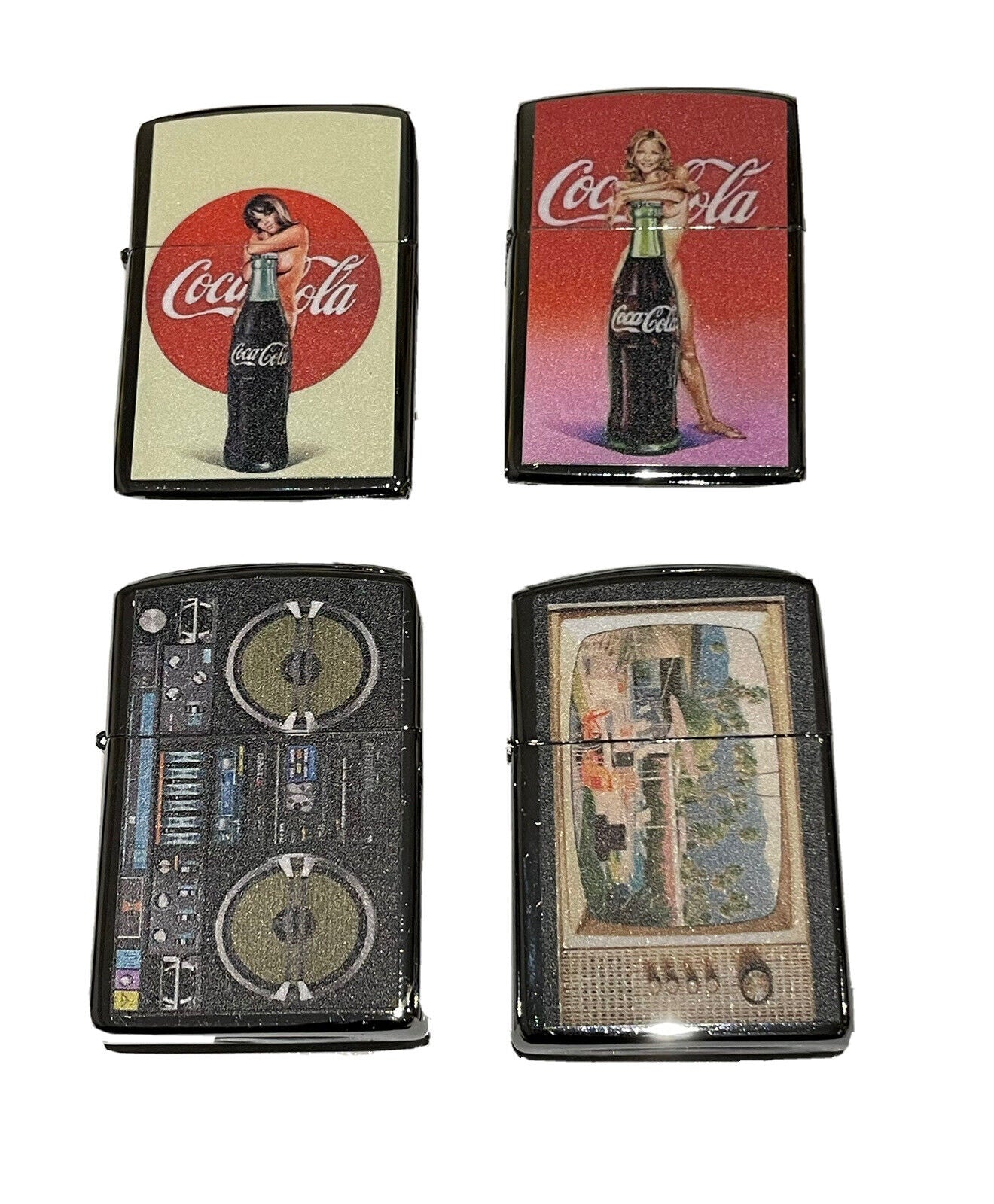 4 PCs set windproof Oil Lighters Unbranded coco cola retro tv boombox designs