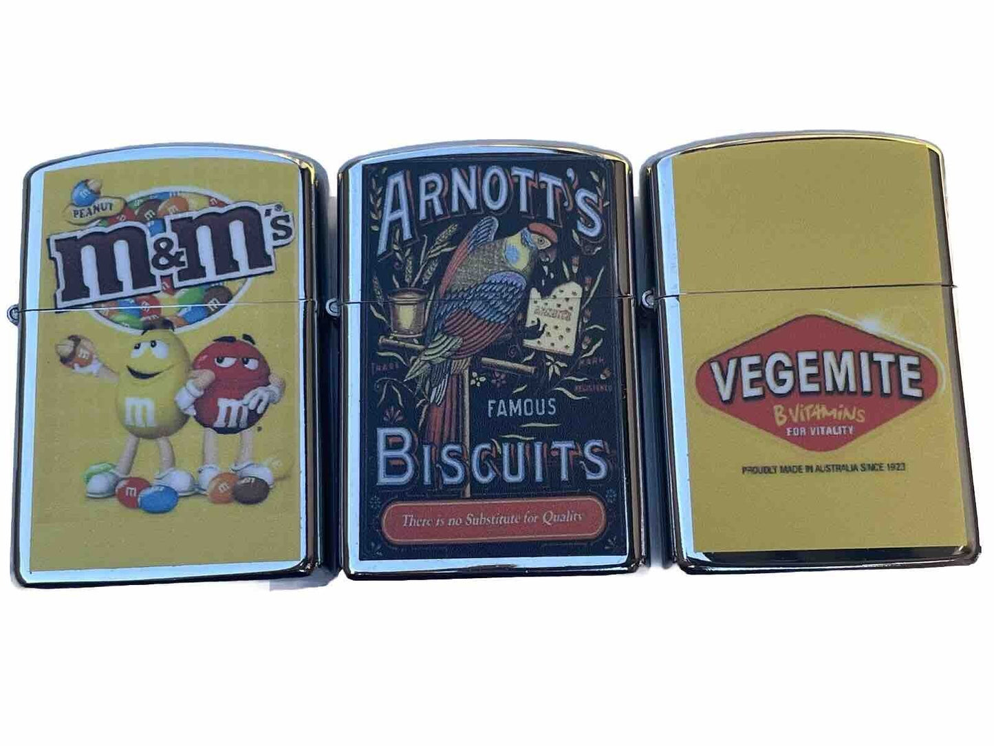 3 PCs Windproof Oil Lighter Novelty Designs Arnotts Biscuits Vegemite M&m”s Coco