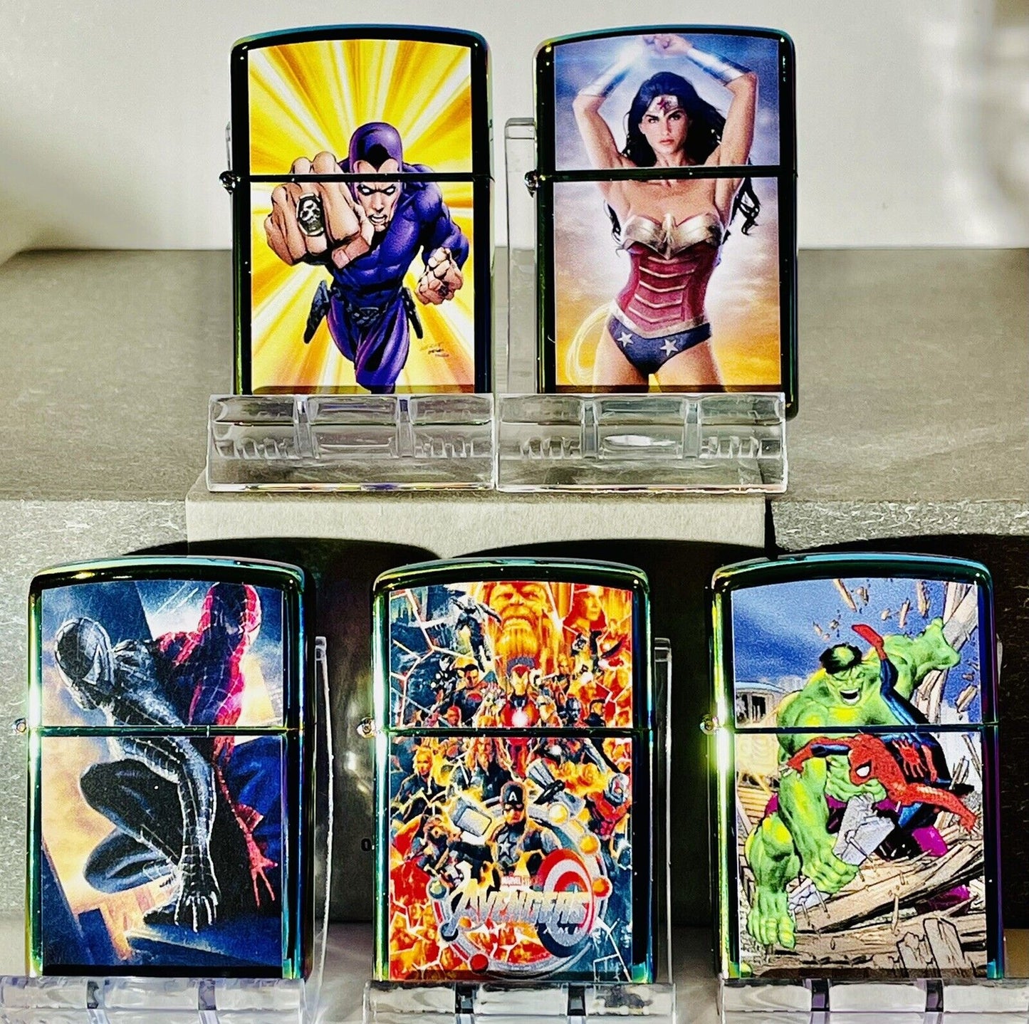 5 Nos Windproof Oil Lighters Zippo Fluid Comic Collections Avengers Spiderman