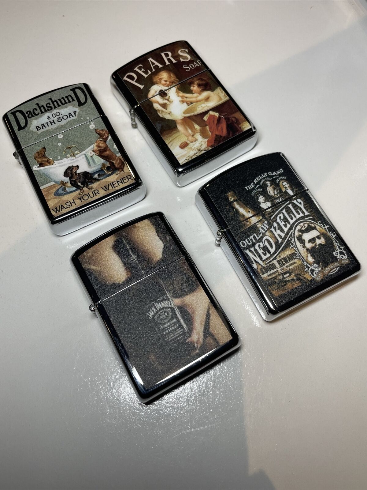 4 PCs Windproof Oil Lighters Vintage Designs Jack Daniels Ned Kelly Pears Soap