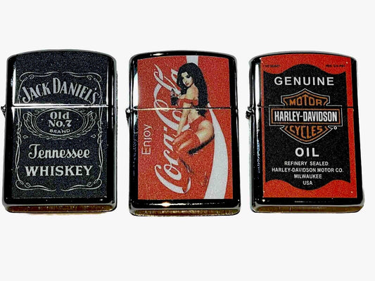 3 PCs Windproof Oil Lighters Vintage Style Jack Daniels &Coke Harley Davidson