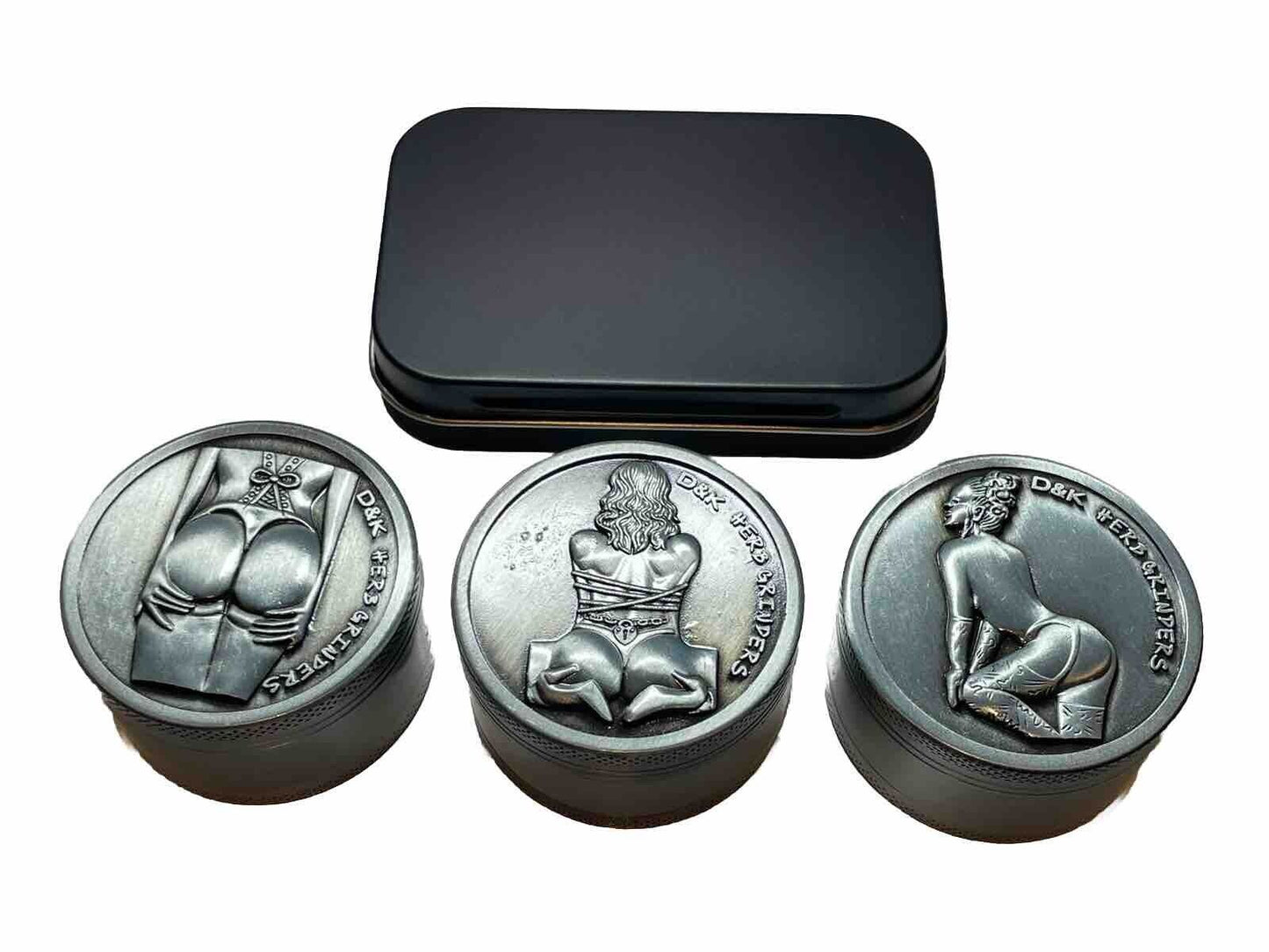 3 Pack Herb Grinder Alloy Metal Cigarette Stash Tin Sexy Girls Embossed Tobacco