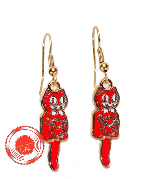 Original Kit Cat Earrings Red With Gold complete with pivot tails that swing