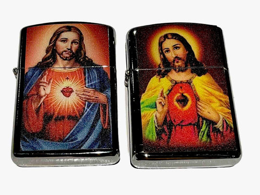 2 PCs Windproof Oil Lighter Religious Christianity Christ Jesus Easter Xmas Gift
