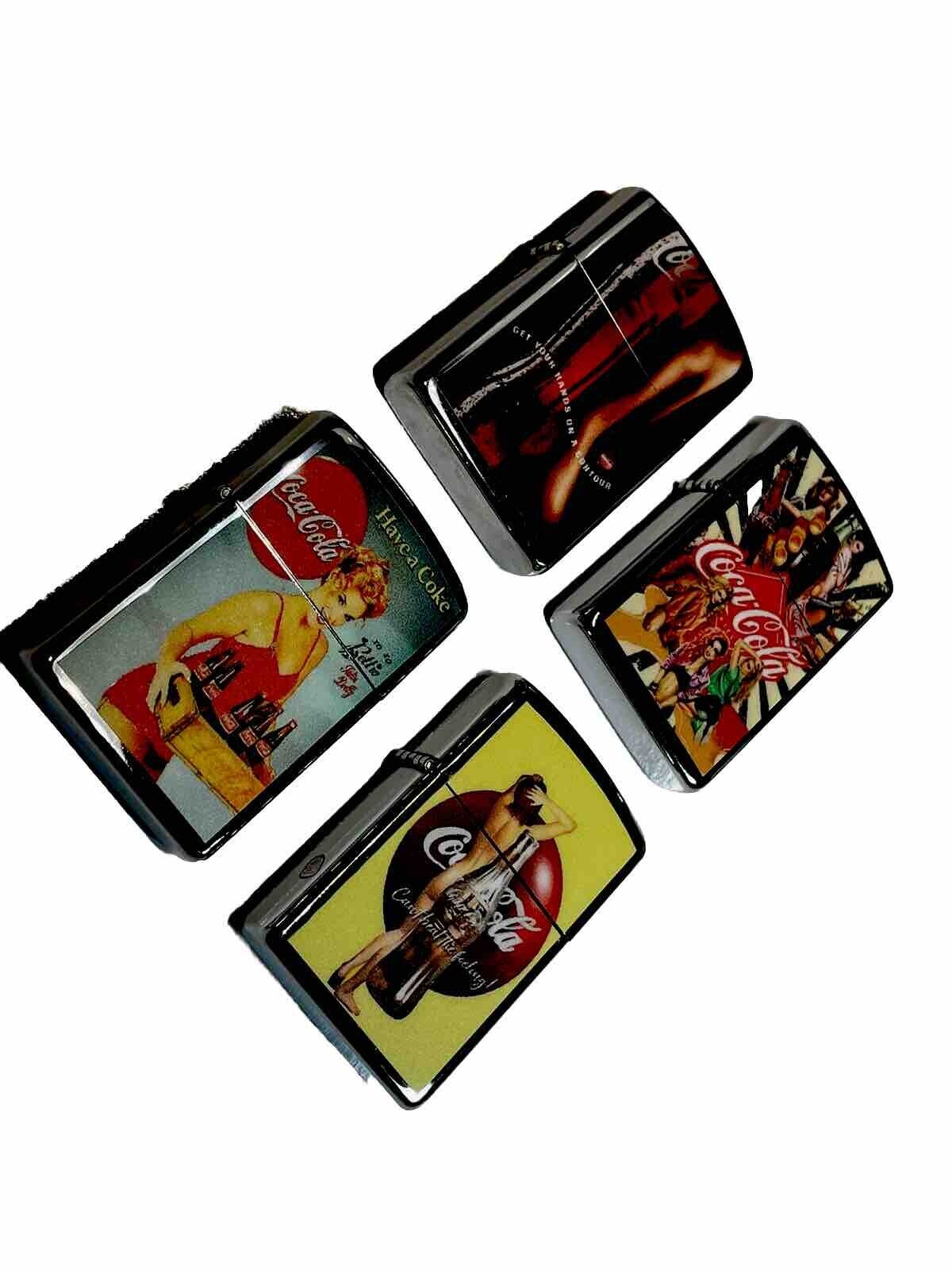 4 PCs Windproof Oil Lighters Coke Coca Cola Novelty Designs Start Collect Hobbie