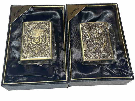 2 Pcs Zorro Windproof Oil Lighter Heavy Duty Antique Brass Design Lion & Dragon