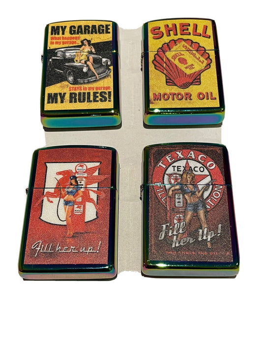 4 PCs  Windproof Oil Lighters Unbranded Shell Texaco Mobil My Garage Rules 2023