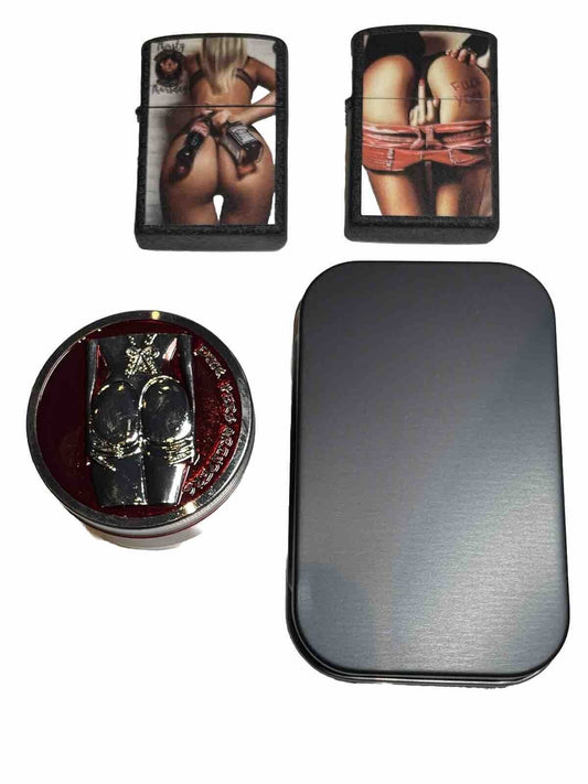 2 Pack Jack Daniel Windproof Oil Lighters Herb Grinder Tobacco Stash Tin  Gift