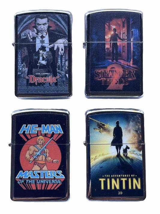 4 PCs Windproof Lighter Set Movies Novelty He Man Tintin Dracula Horror Movies