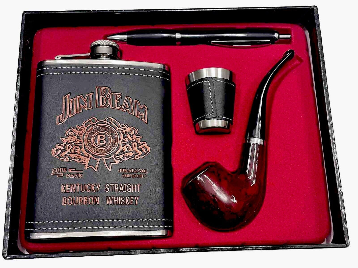 Jim Beam Bourbon Whiskey Flask Pipe Shot Glass Pen Classical Gift Set Collectibl
