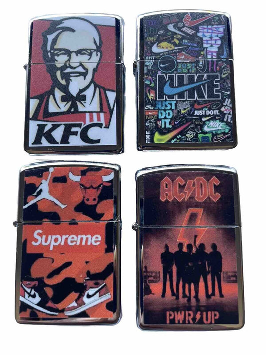 4 PCs Windproof Oil Lighters Set Novelty Supreme KFC AC DC Band Nike Designs