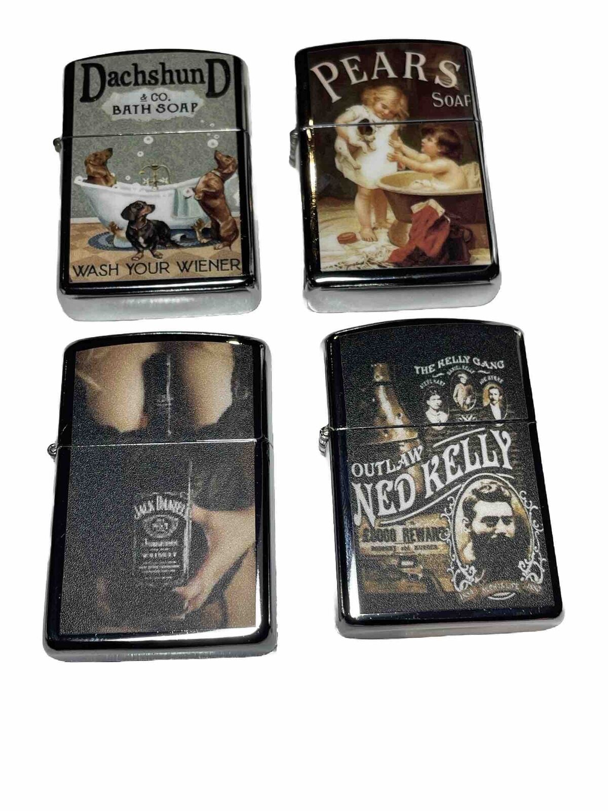 4 PCs Windproof Oil Lighters Vintage Designs Jack Daniels Ned Kelly Pears Soap