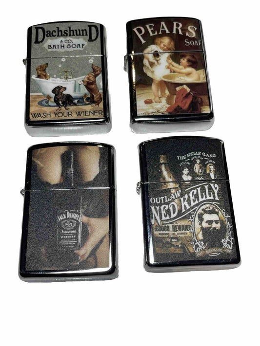 4 PCs Windproof Oil Lighters Vintage Designs Jack Daniels Ned Kelly Pears Soap