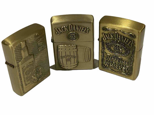 3 Pack Jack Daniels Embossed Metal Design Windproof Oil Lighters Brass Colour