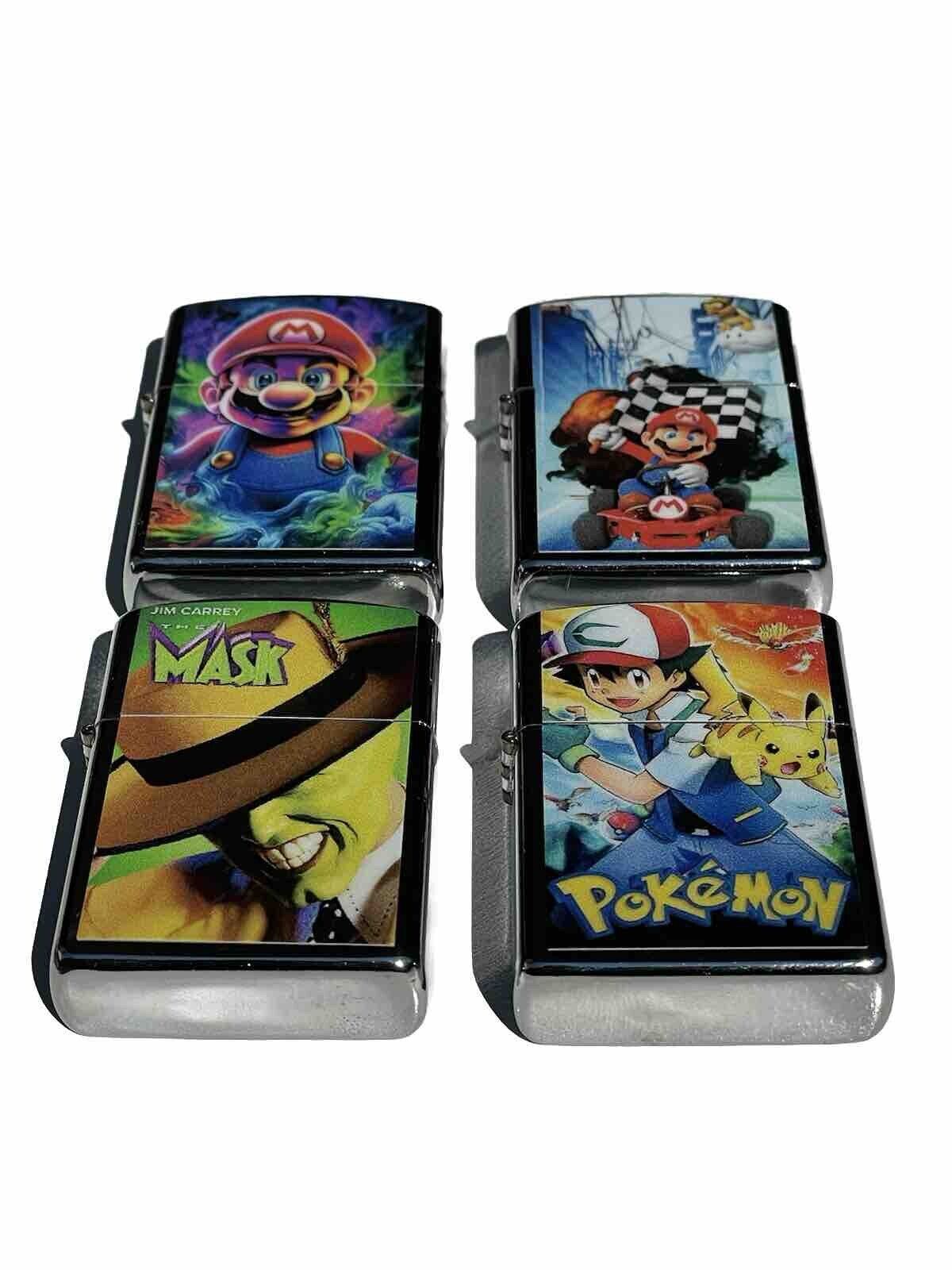 4pcs Windproof Oil Lighters Novelty Super Mario Pokémon Mask Designs Lighter Oil