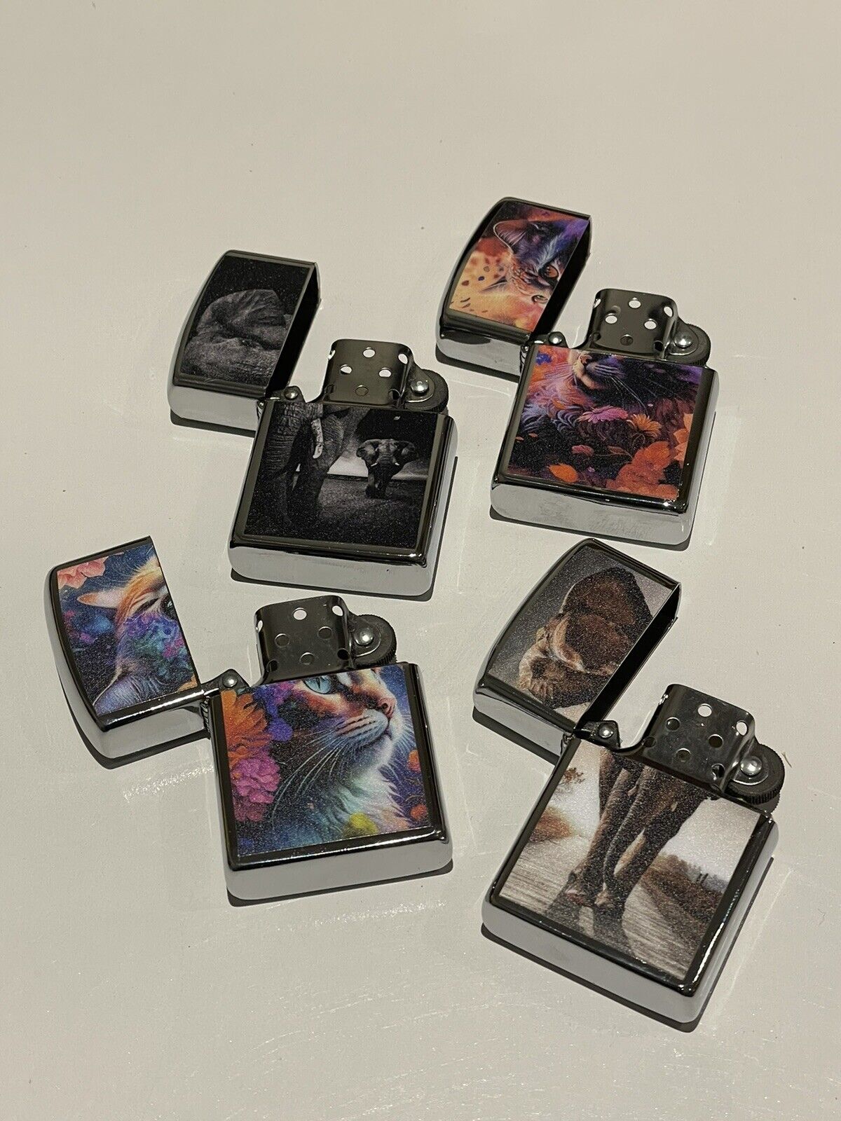 4 PCs set windproof Oil Lighters Unbranded lucky cat art and elephant designs
