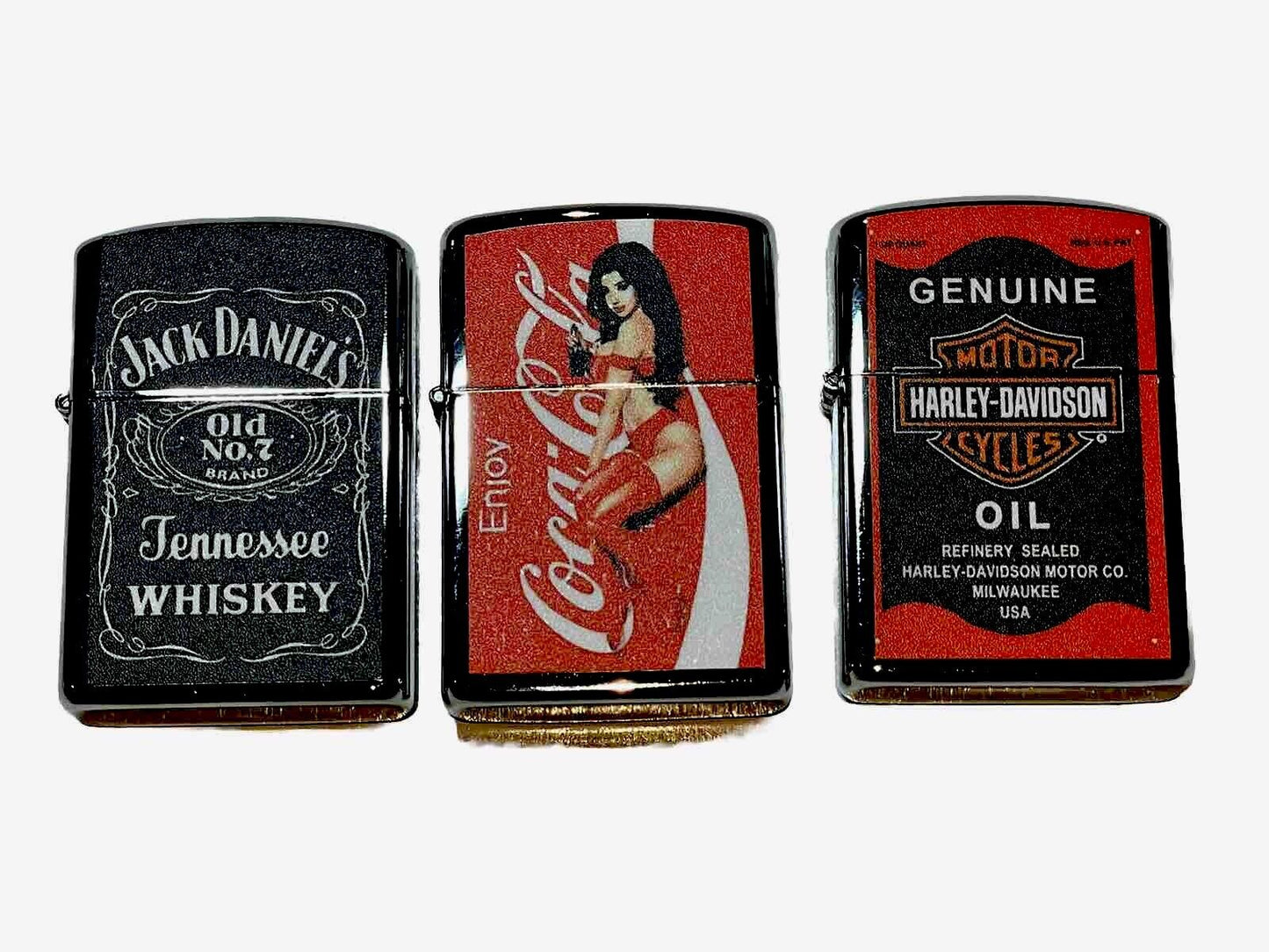 3 PCs Windproof Oil Lighters Vintage Style Jack Daniels &Coke Harley Davidson