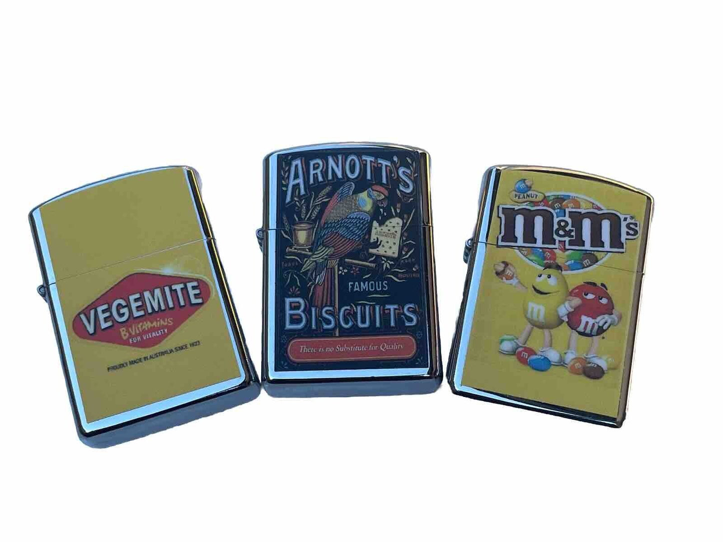 3 PCs Windproof Oil Lighter Novelty Designs Arnotts Biscuits Vegemite M&m”s Coco