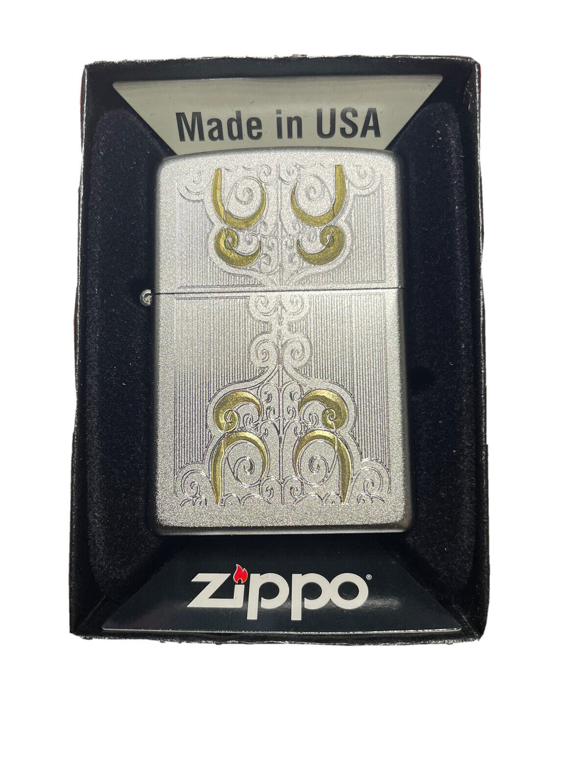 Genuine Zippo Lighter Satin Chrome Gold scroll