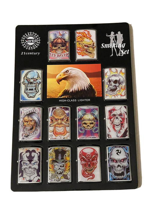 12 pcs windproof oil lighters Harley Davidson Style Skull Designs Display HQ Gif