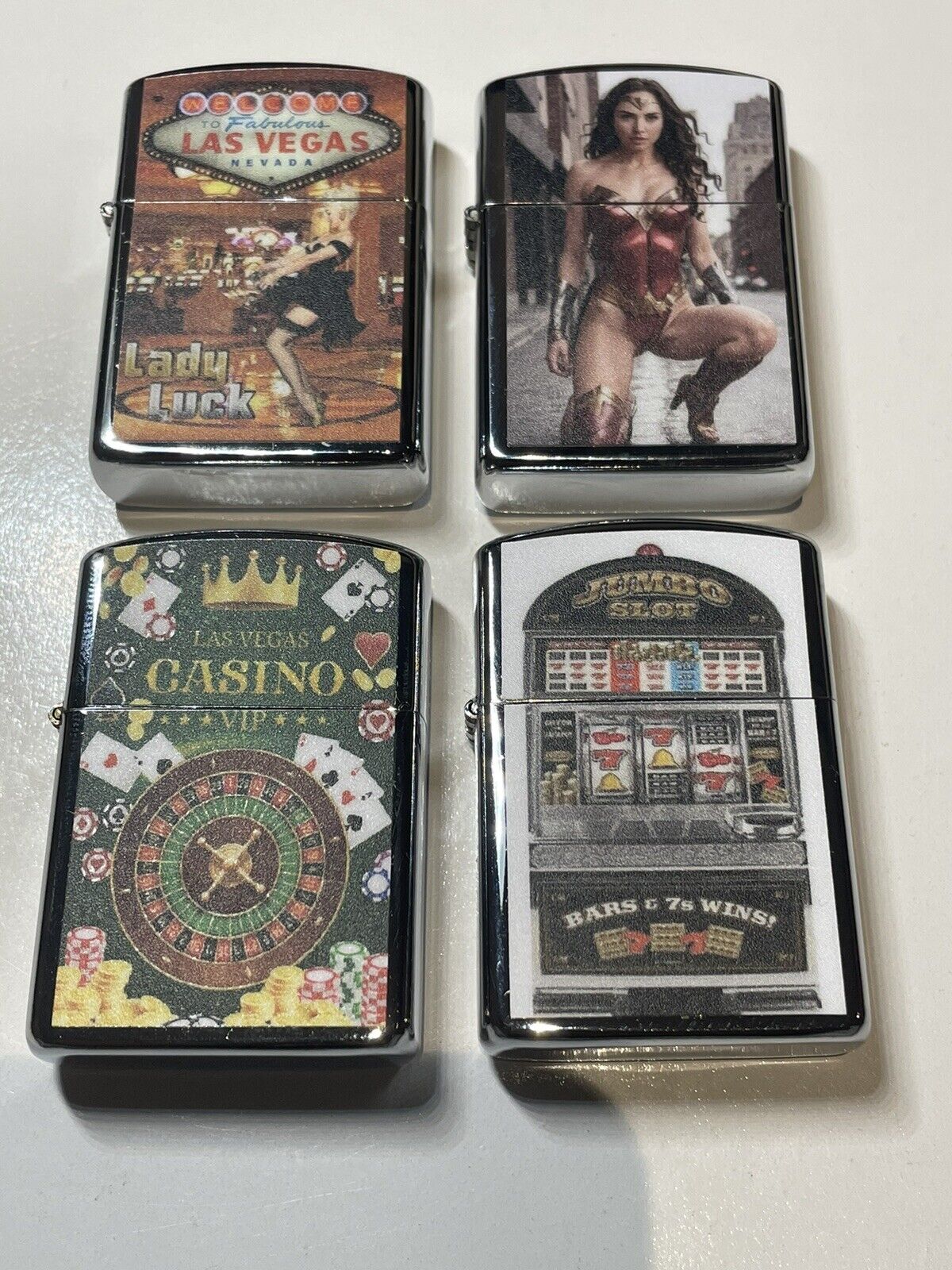 4 PCs Windproof Oil Lighters Las Vegas Casino Nevada Pokies Wonder Woman Design