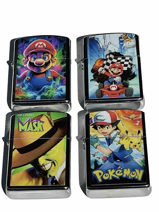 4pcs Windproof Oil Lighters Novelty Super Mario Pokémon Mask Designs Lighter Oil