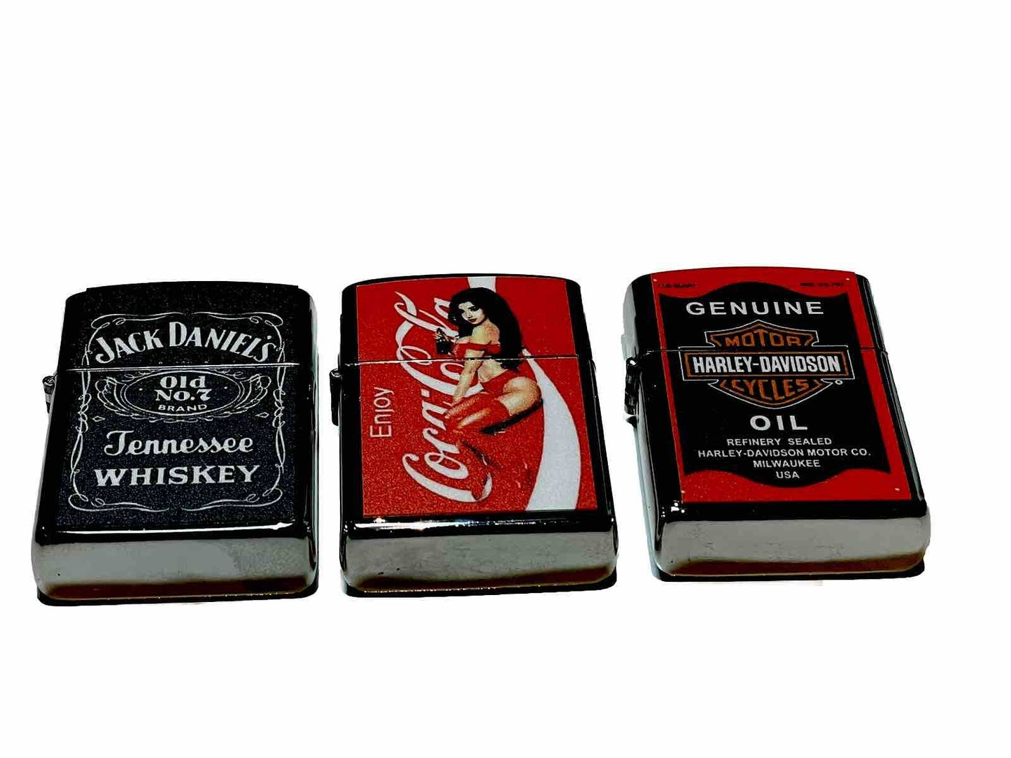 3 PCs Windproof Oil Lighters Vintage Style Jack Daniels &Coke Harley Davidson