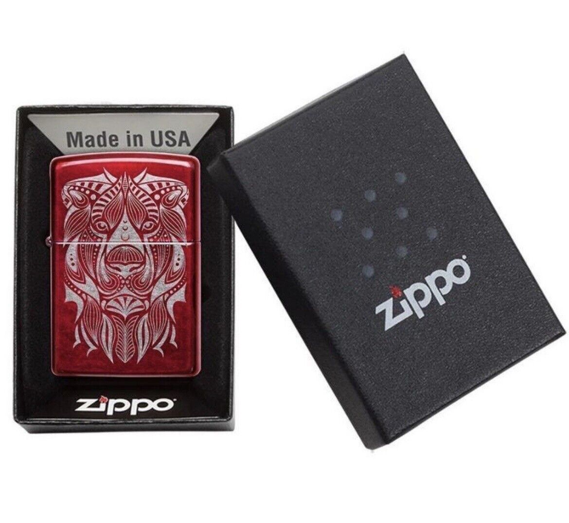 Genuine Zippo Lighter Lion Tattoo Design Candy Apple Red Windproof Collectible