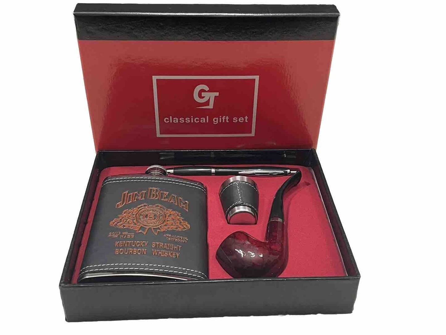 Jim Beam Bourbon Whiskey Flask Pipe Shot Glass Pen Classical Gift Set Collectibl