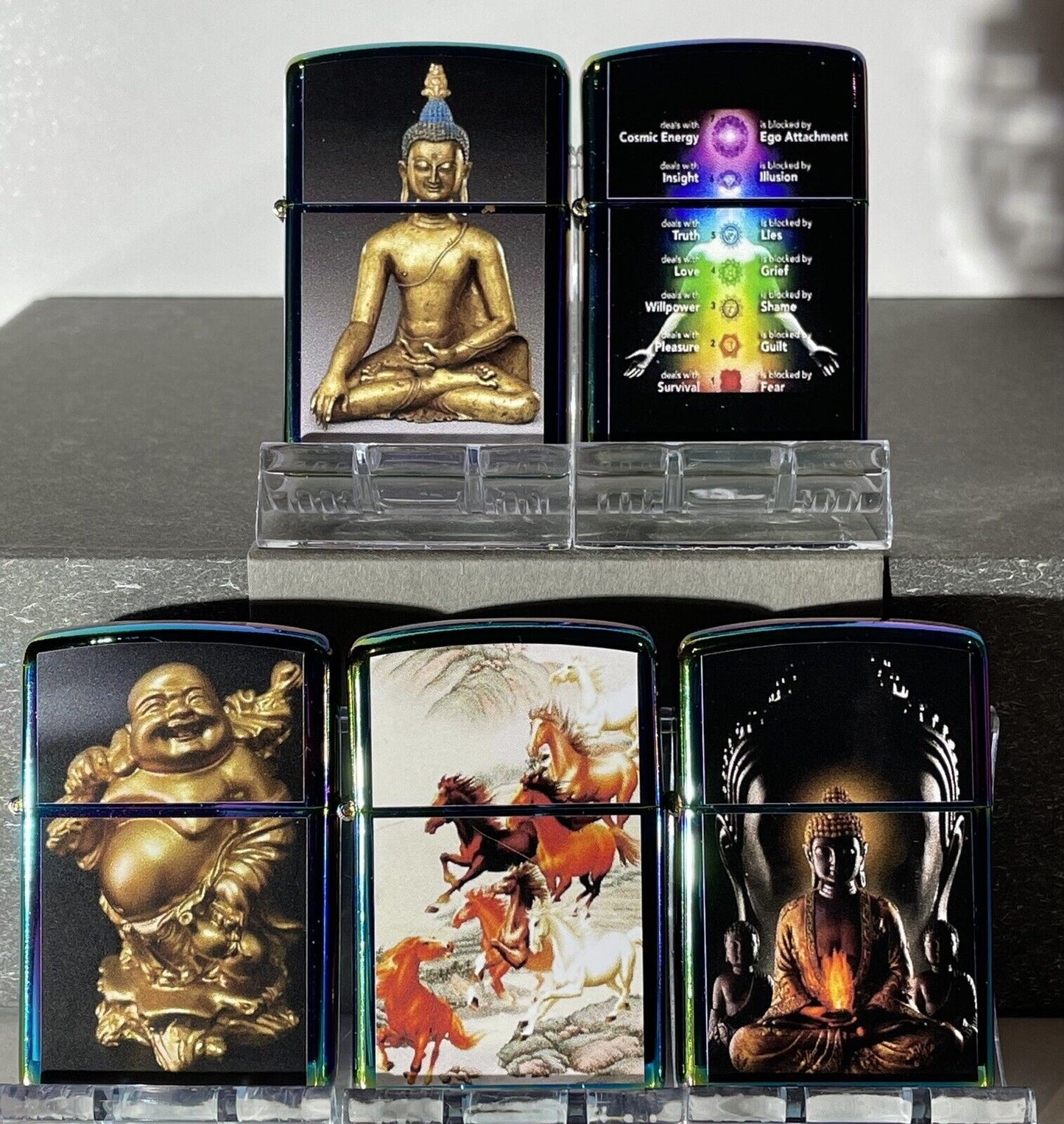 5 Nos Lucky Buddha Windproof Oil Lighters Zippo Fluid Meditation Chinese Horses