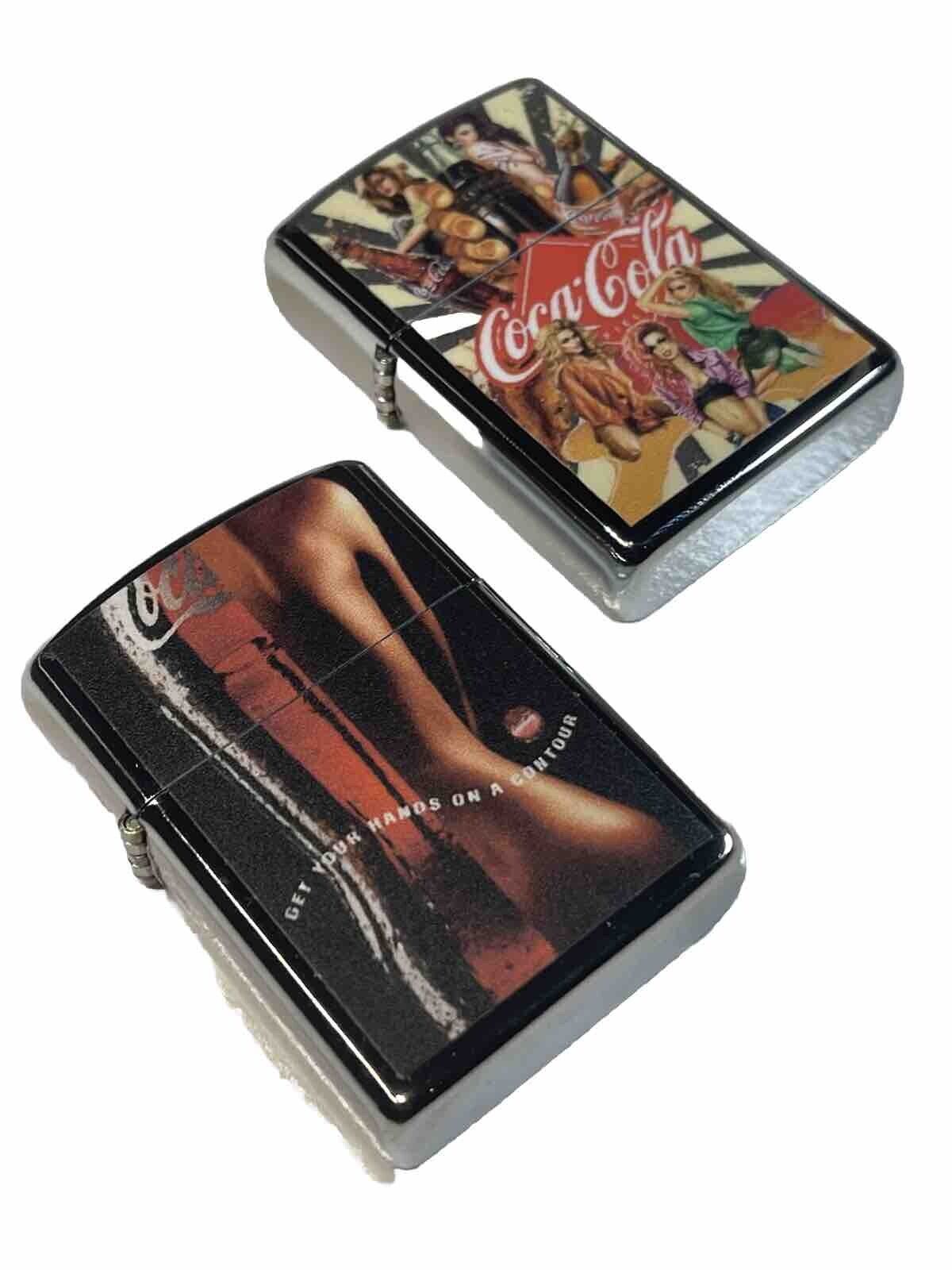 2 PCs Windproof Oil Lighters Coca Cola Collect All Designs Lot In Store Coke Gif