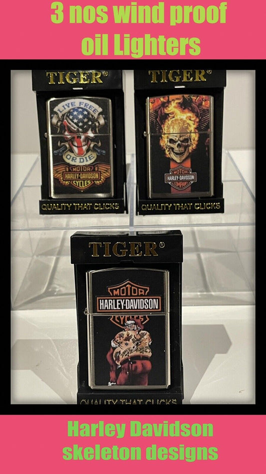 3 Nos Harley Davidson Tiger Brand Windproof Oil Lighters Zippo Fluid Skelton