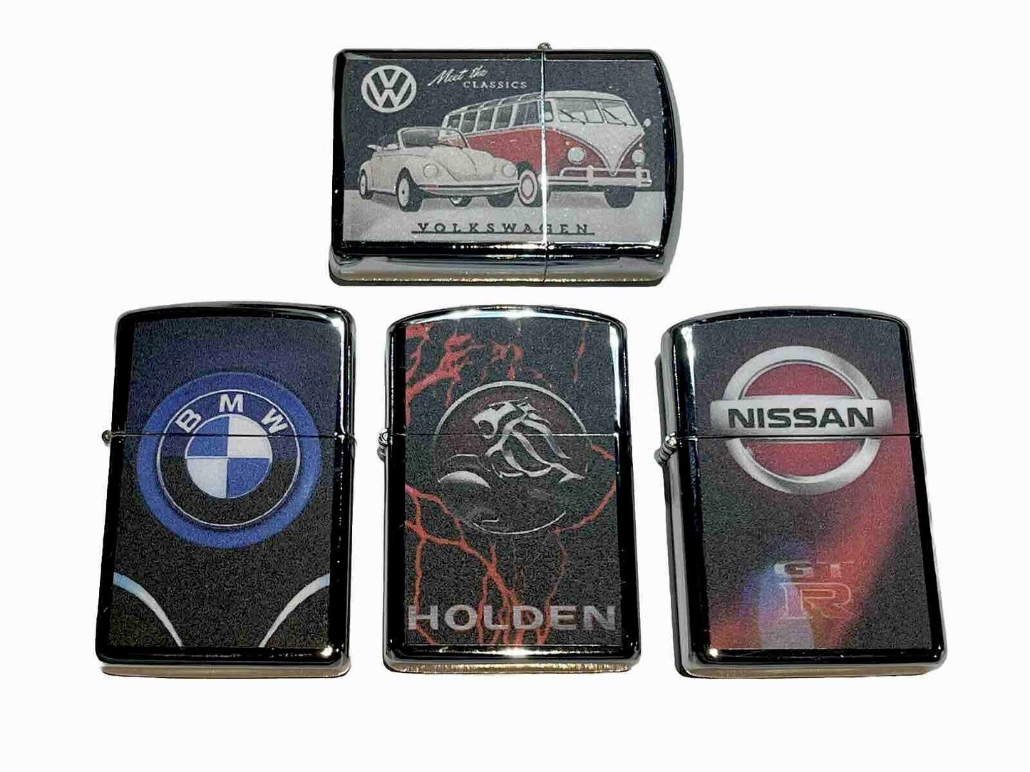 4 PCs Wind Proof Oil Lighters BMW Holden Volkswagen Nissan Novelty Designs
