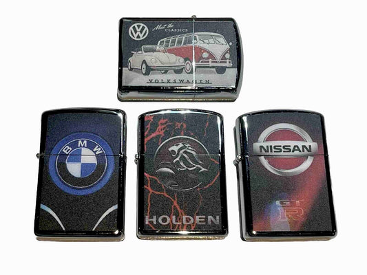 4 PCs Wind Proof Oil Lighters BMW Holden Volkswagen Nissan Novelty Designs
