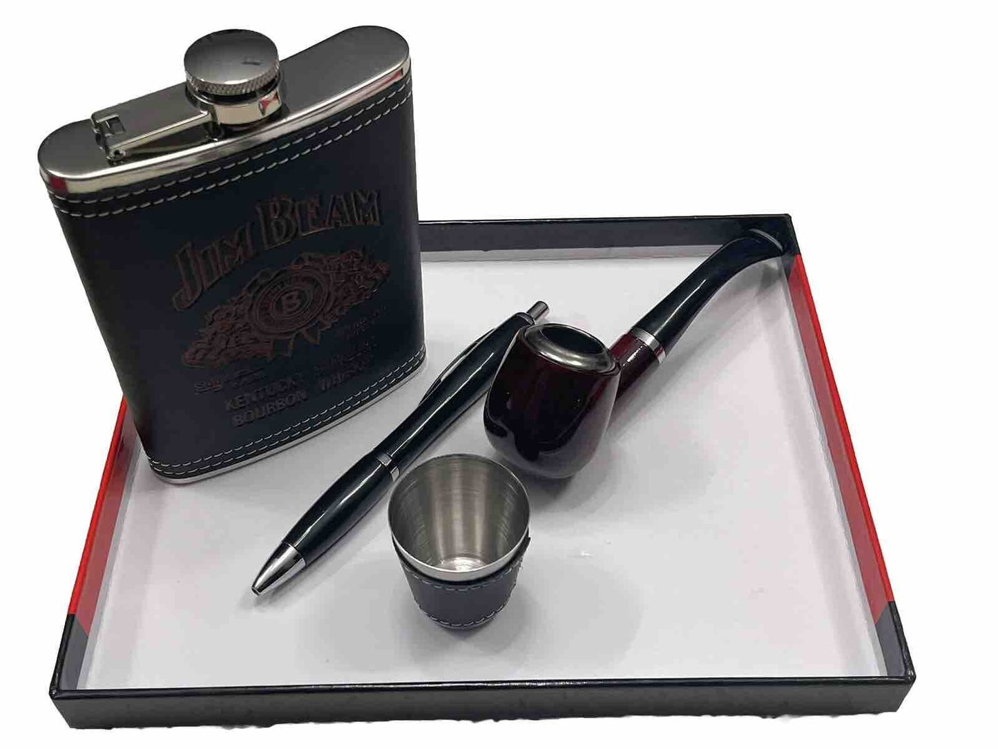 Jim Beam Bourbon Whiskey Flask Pipe Shot Glass Pen Classical Gift Set Collectibl