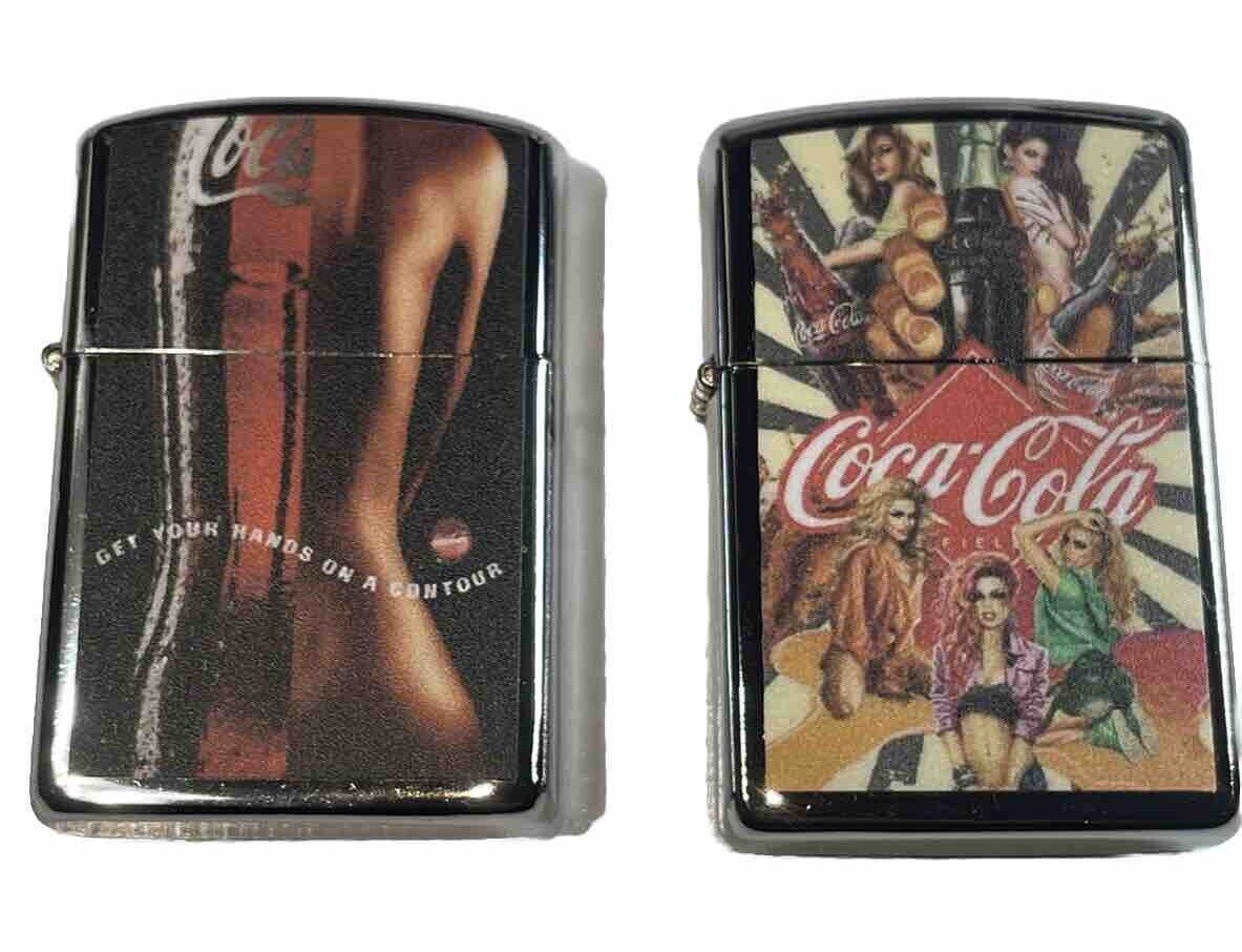 2 PCs Windproof Oil Lighters Coca Cola Collect All Designs Lot In Store Coke Gif