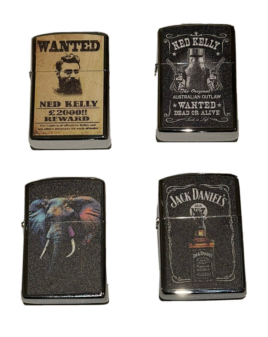4 PCs windproof Oil Lighters Unbranded Ned Kelly jack Daniels elephant designs