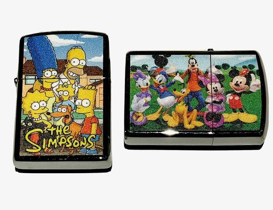 2 Pieces Set Unbrand Petrol Windproof Lighter Simpsons And Walt Disney Novelty