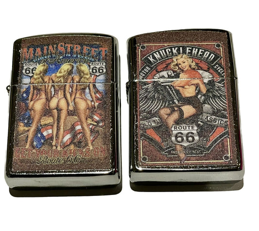 2 PCs Windproof Oil Lighters  Route 66 And Main Street Pin Up Girls Designs