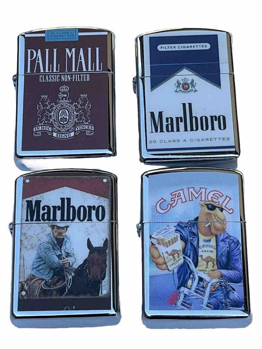 4 PCs Windproof Oil Lighter Marlboro Blue Camel Pall Mall Cover Designs Novelty