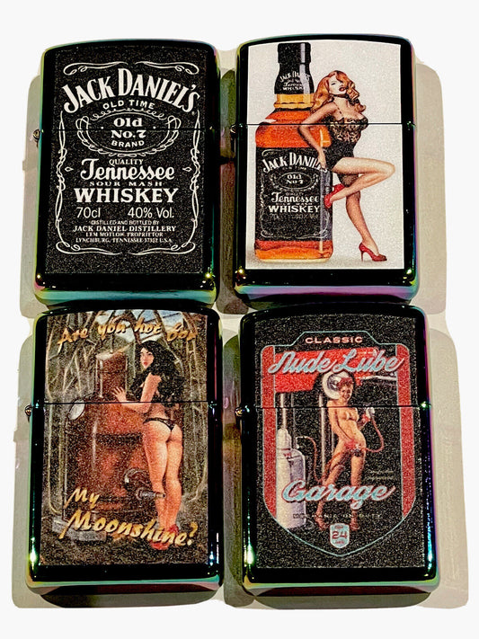 4 PCs  Windproof Oil Lighters Unbranded Jack Daniels No 7 Moon Shine Nude Garage