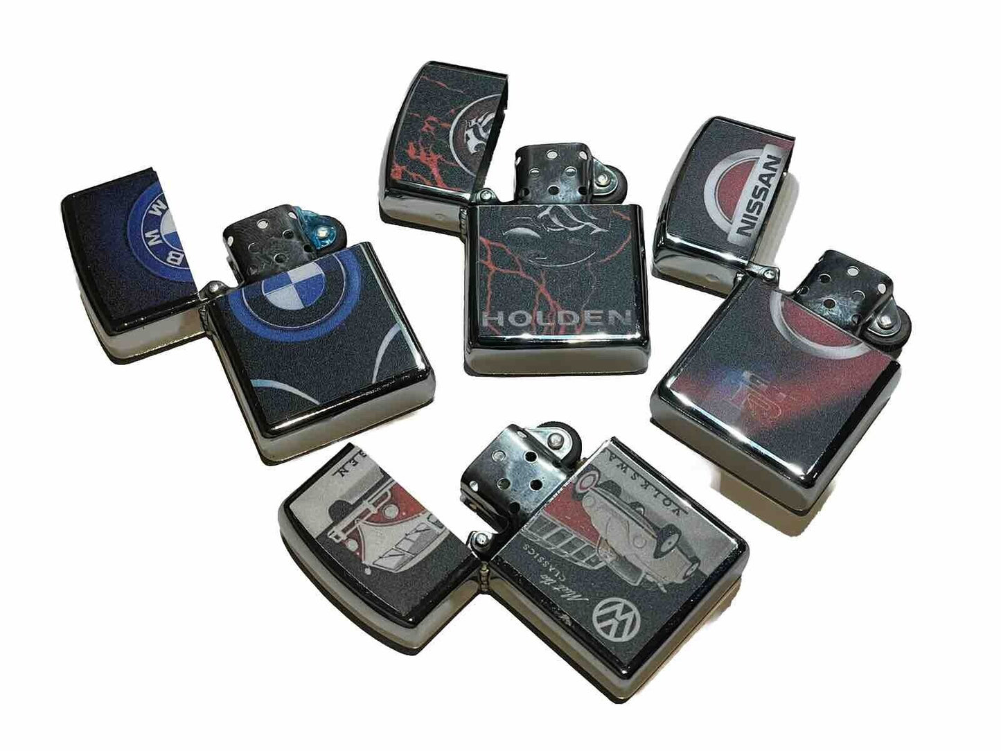 4 PCs Wind Proof Oil Lighters BMW Holden Volkswagen Nissan Novelty Designs