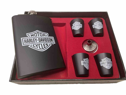 Motor Harley Davidson Cycles Hip Flask And Shot Metal Glass Set Black Unique Gif